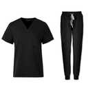 PuriPure Scrubs for Women Set Nurse Uniform Scrubs 4 Way Stretch V-Neck Scrub Top & Jogger Pant with 6 Pockets Scrubs Set (Black, Large)