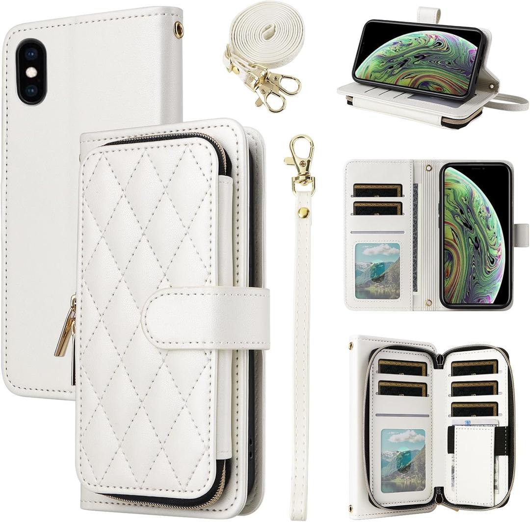 Argyle Wallet Case for iPhone Xs X 10 10s with Wrist Strap Shoulder Strap Card Slot Zipper Purse, PU Leather Stand Phone Cover for iPhoneX iPhoneXs iPhone10 i PhoneX SX 10x 10xs Xs White