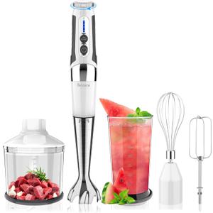Cordless Immersion Blender: 4-in-1 Rechargeable Cordless Hand Blender, 21-Speed & 3-Angle Adjustable with Chopper, Beaker, Whisk, Beater for Milkshakes | Smoothies | Soup Baby Food (White)