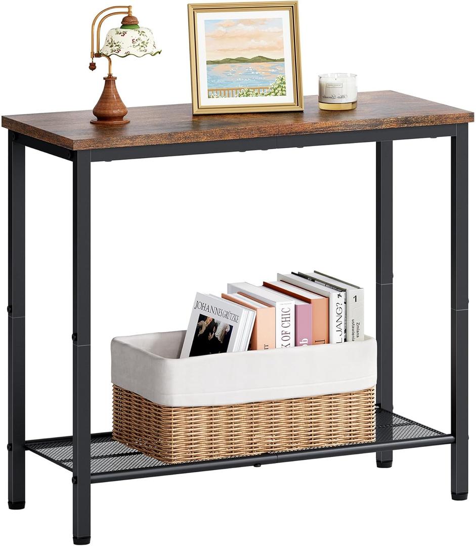 Hoctieon 2 Tier End Table, Sofa Side Table, Narrow Side Table with Storage, Slim Nightstand for Small Spaces, Metal Frame, for Living Room, Bedroom, Sofa Couch, Hall, Rustic Brown (1 Pack)