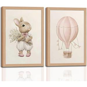 2Pcs Pink Baby Girl Nursery Wall Decor Cute Bunny Wall Art Cozy Rabbit Canvas Artwork Prints Vintage Hot Air Balloon Painting Prints for Kid's Room Baby Room Wood Framed 16x24in