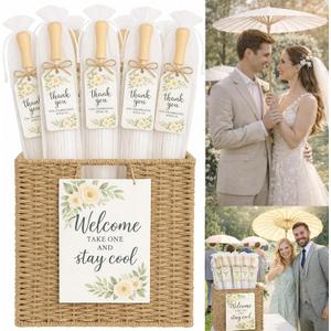 Wedding Shade Station for 50-80 Guest, 33in Wedding Paper Parasol Set with Woven Storage Box, Organza Bag, Thank You Tag and Welcome Sign, for Wedding Guest, Favor, Outdoor Ceremony and Bridal Partie