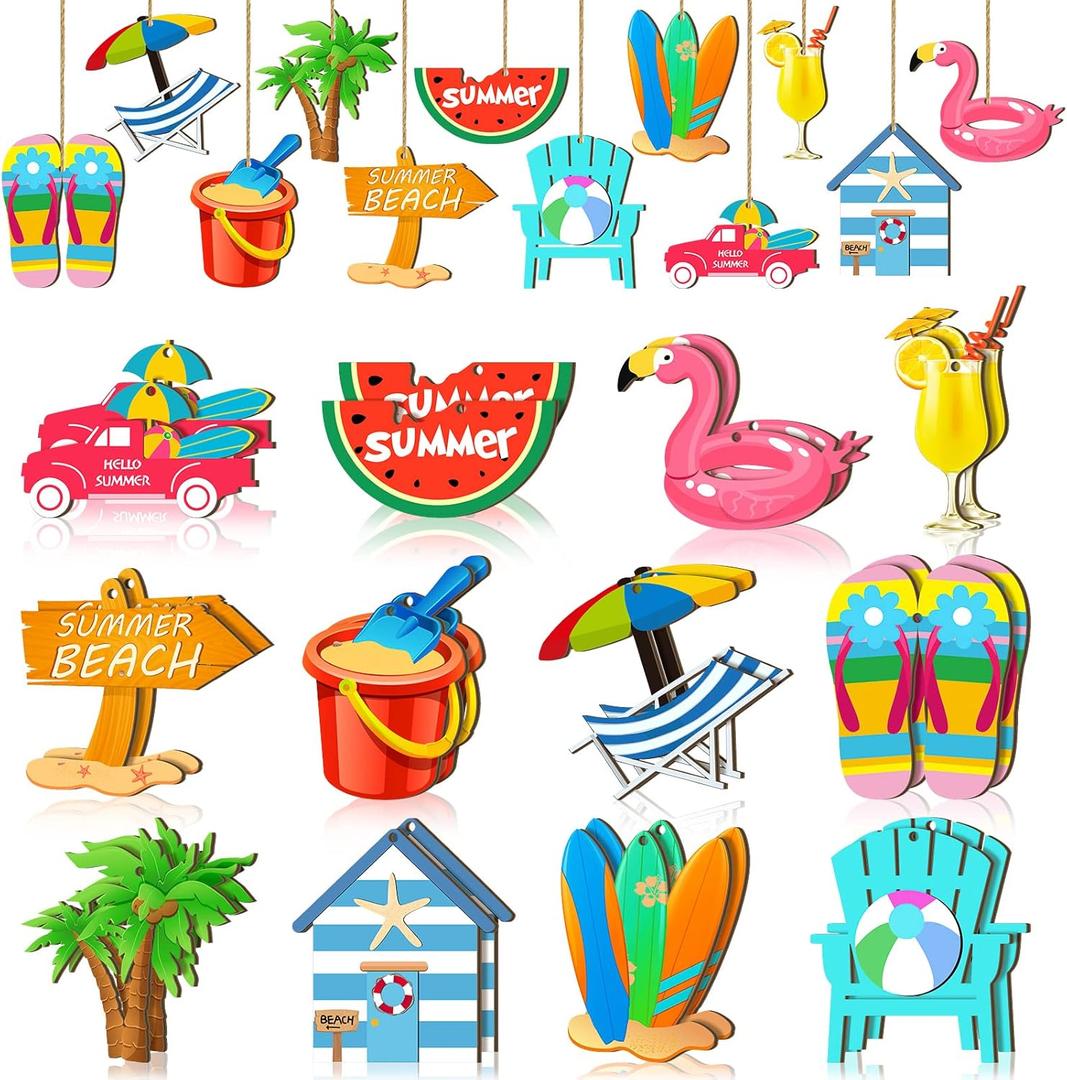 24 Pcs Summer Tree Ornaments Beach Wood Hanging Decoration Hawaiian Wooden Slices Pendant Summer Tree Hanging Ornaments Gift Tags Tropical Party Decor for Luau Party Supplies