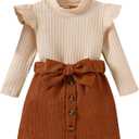 Fernvia Toddler Baby Girl Fall Winter Skirt Set Turtleneck Ribbed Long Sleeve T-Shirt Top & Plaid Skirts Dress 2Pcs Outfits (G Beige, 3-4 Years)