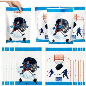 50Pcs Plastic Hockey Party Favor Bag, Cute Goodie Candy Treat Gift Bag with Handles Hockey Themed Kids Birthday Party Decoration Supplies