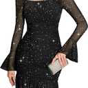 Meetjen Women's Sparkly Ruched Bodycon Mini Dress Sexy Sheer Mesh Bell Long Sleeve Square Neck Short Club Party Dresses (XS)