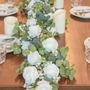 6FT Artificial Eucalyptus Garland with Flowers, 10 White Roses Baby Breath Garland Floral Greenery for Wedding Party Centerpiece Table Runner Backdrop Wall Decor Decoration