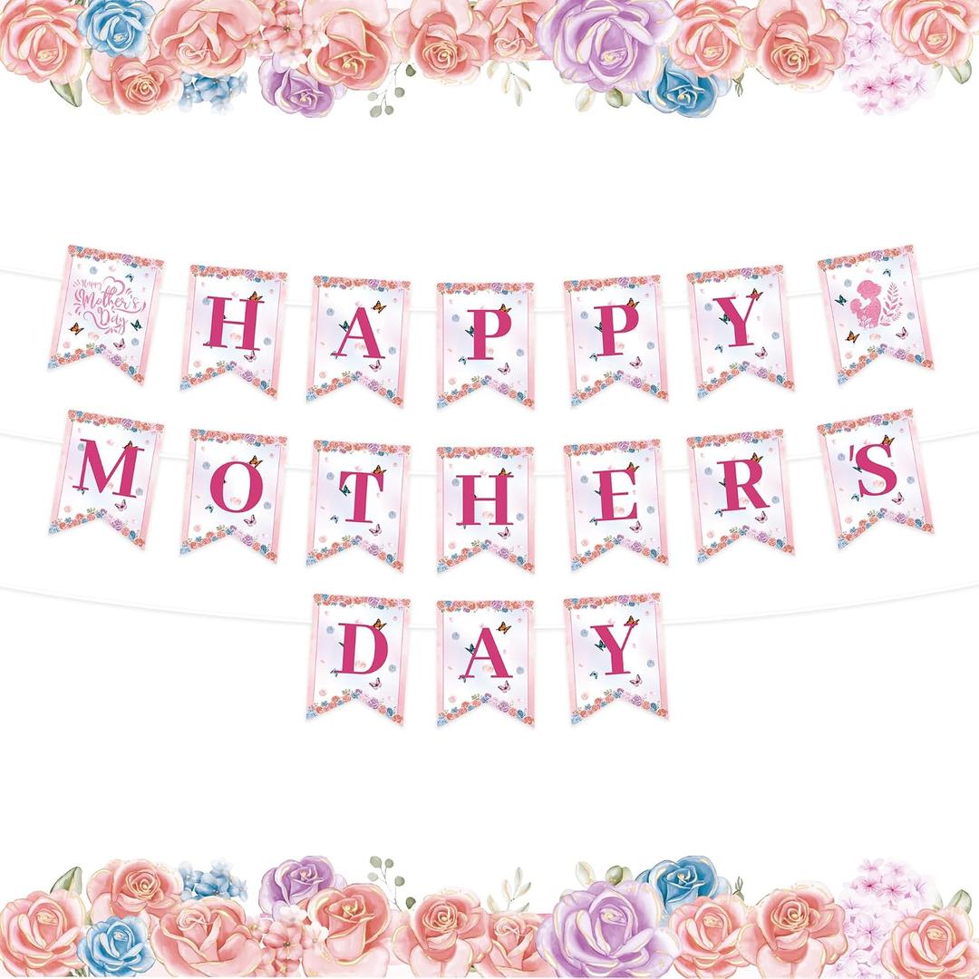 Happy Mothers Day Banner - Pink Floral Bunting Banner Mother's Day Family Photo Backdrop Best Mom Ever Theme Garland Decoration for Mothers Day Birthday Party Supplies