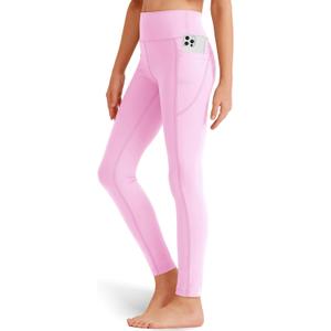 Girls' Black Athletic Leggings with Pockets, White Ankle Length Yoga Pants for Kids (Large, Light Pink)