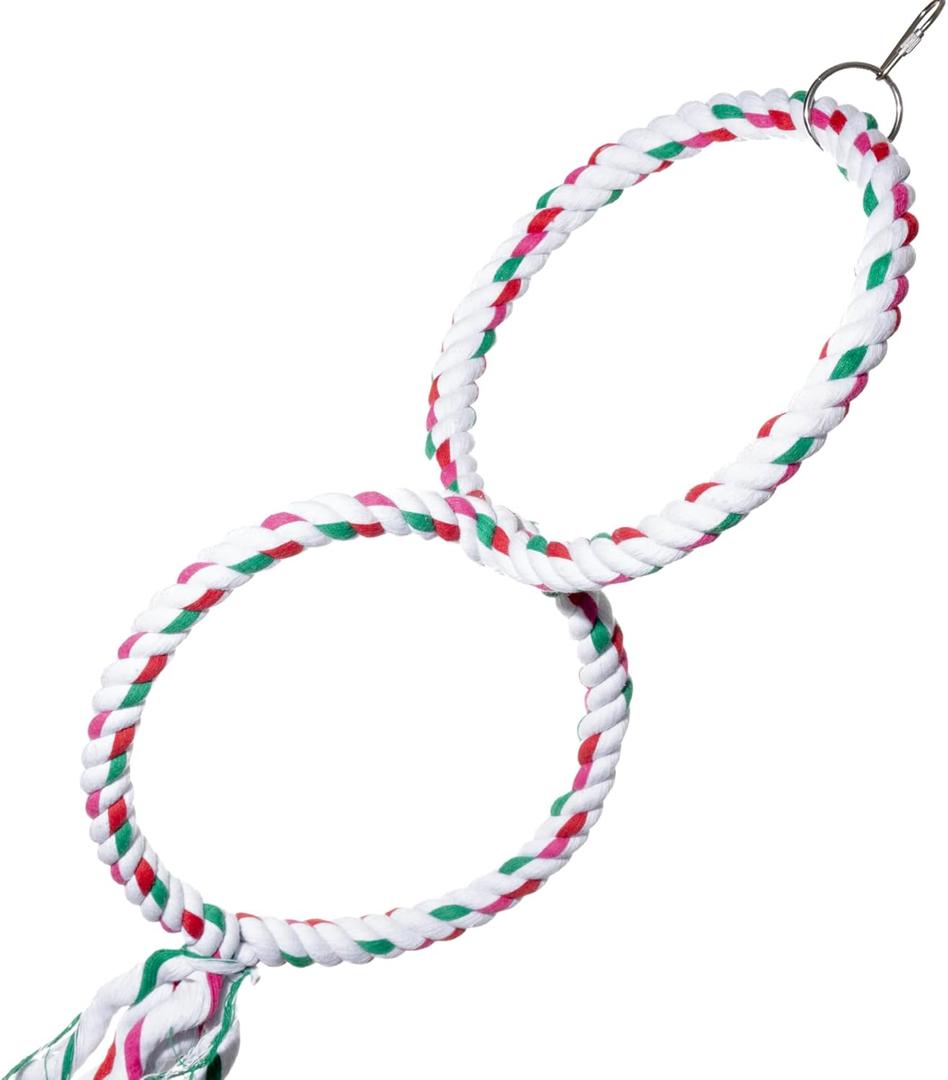 Double Hoop Bird Swing - Cotton Rope Hanging Perch Rings, Climbing Swing & Toy for Parrots, Budgies, Parakeets, Cockatiels, Conures - Large Bird Swing Toy & Cage Accessory