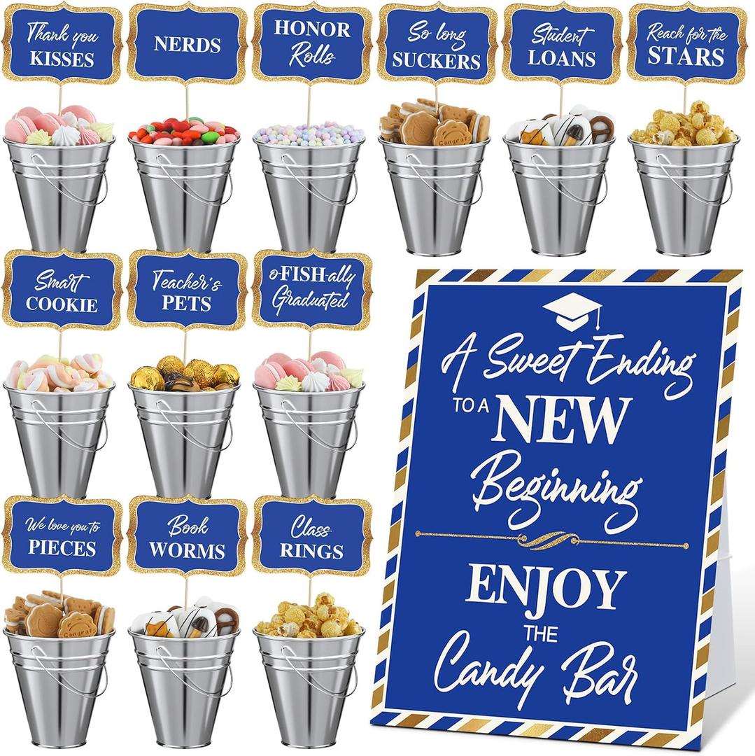 25 Pcs Graduation Candy Buffet Party Decoration Graduation Table Candy Bar Snack Labels Signs and 5'' Buckets with Handle for Class of 2026 High School College (Pure Style,Blue)