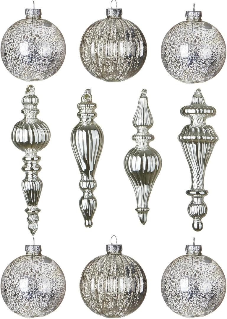 Mercury Glass Christmas Ornaments Silver Hanging Balls with Different Shapes for Xmas Tree Decor,Vintage Finials Luxury Christmas Decoration Hanging Bauble for Neutral Holiday Winter Wedding-Set Of 10