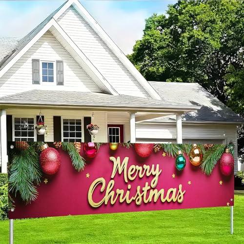 BlisYard Christmas Banner Merry Christmas Banner Red Green Gold Ornaments Pine Greenery Stars 73x18 Inches for Winter Holiday Decoration Wall Hanging Party Decoration Supplies