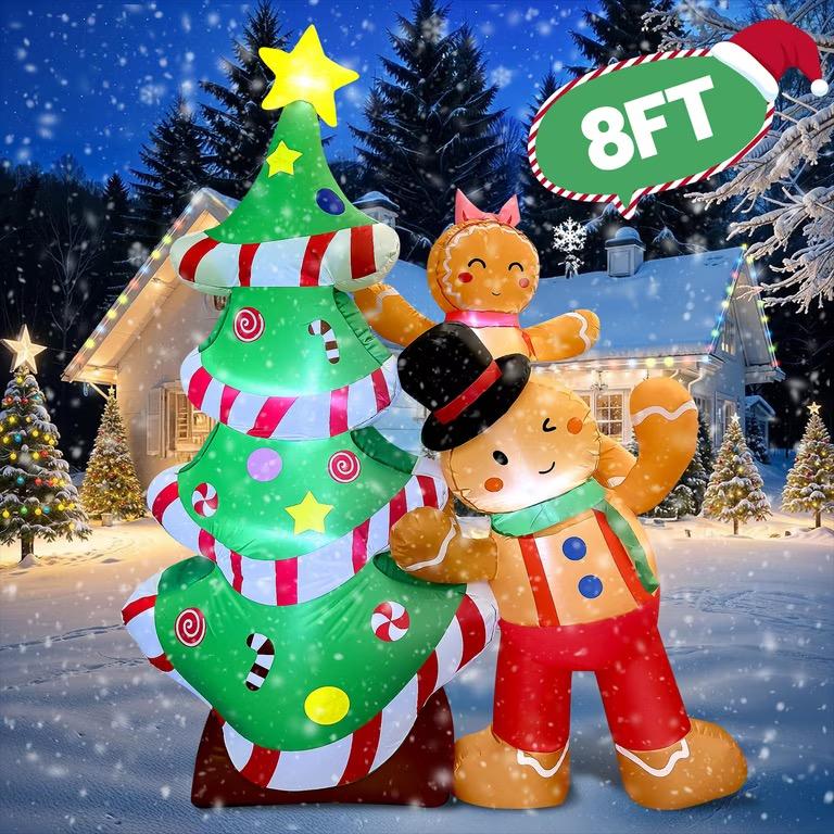 8FT Christmas Inflatables Outdoor Decorations, Blow Up Yard Decoration(Gingerbread Man & Christmas Tree)