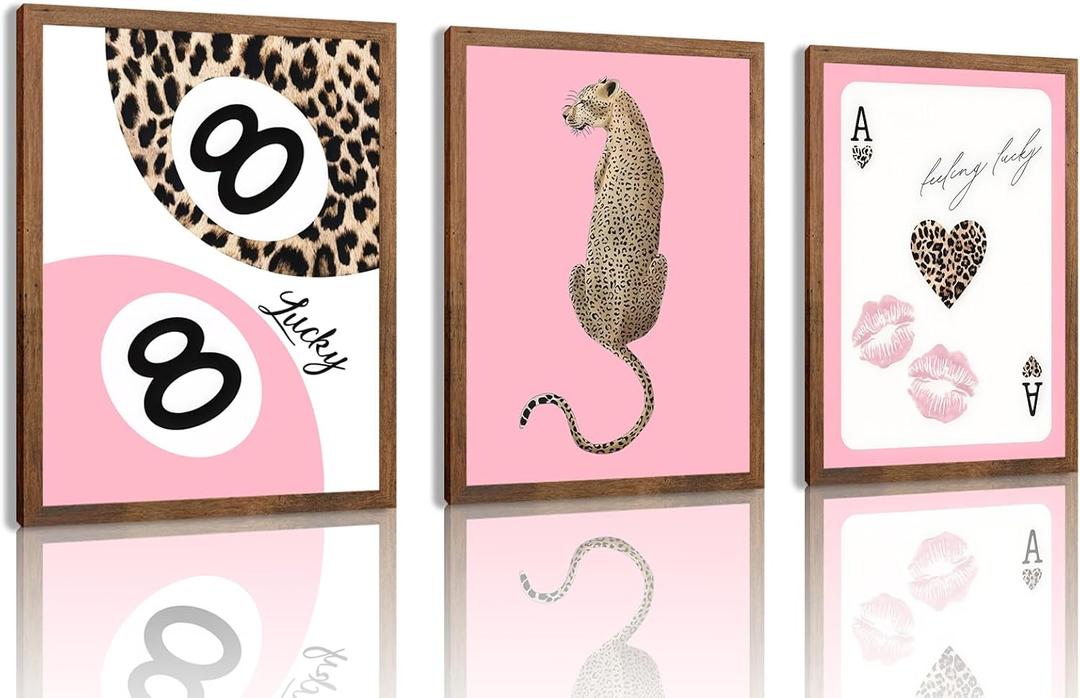 Trendy Leopard Canvas Wall Art Set of 3 - Pink Cheetah Prints Wall Decor Pictures, Funky Lucky You 8 Ball Poster Preppy Aesthetic Paintings, for Dorm Apartment Girls Bedroom 12x16 Inch Unframed