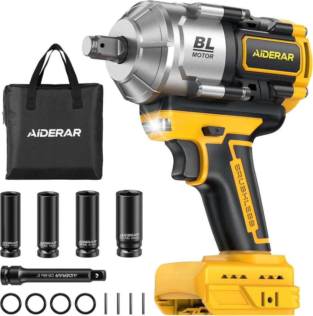 20V Cordless Impact Wrench for DeWalt Battery, 1500Nm (1106 Ft-Lbs) 1/2" Brushless Impact Gun, 3-Speed High Torque Power Tool for Tire Removal, Rusted Bolts, Heavy Equipment(No Battery)