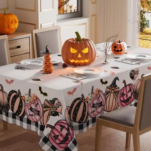 XCHI Pink Spooky Pumpkin Boo Halloween Tablecloth Rectangle Washable Table Covers for Indoor Outdoor Dining Home Party Decorations Table Cloth 60x104 Inch