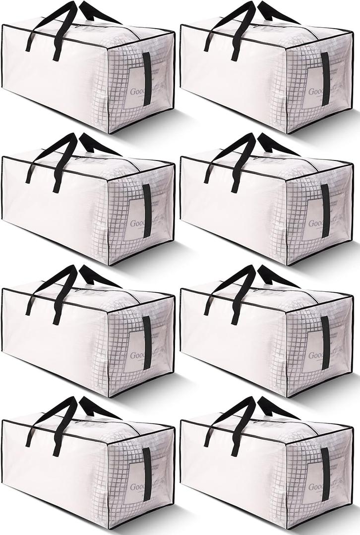 8 Pack Large Strong Moving Bags with Zippers & Carrying Handles - Water-Resistant - Heavy Duty Storage Tote for Space Saving, Fold Flat, Alternative to Moving Box (Semi-Transparent)
