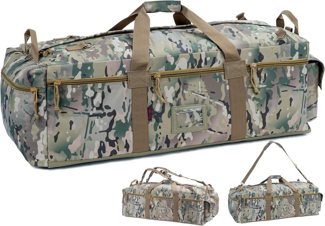 Large Military Duffle Bag Tactical Gear Load Out Bag Deployment Cargo Bag Travel Sports Equipment Duffel Luggage Bag with Backpack Straps 90L (AT CAMO)