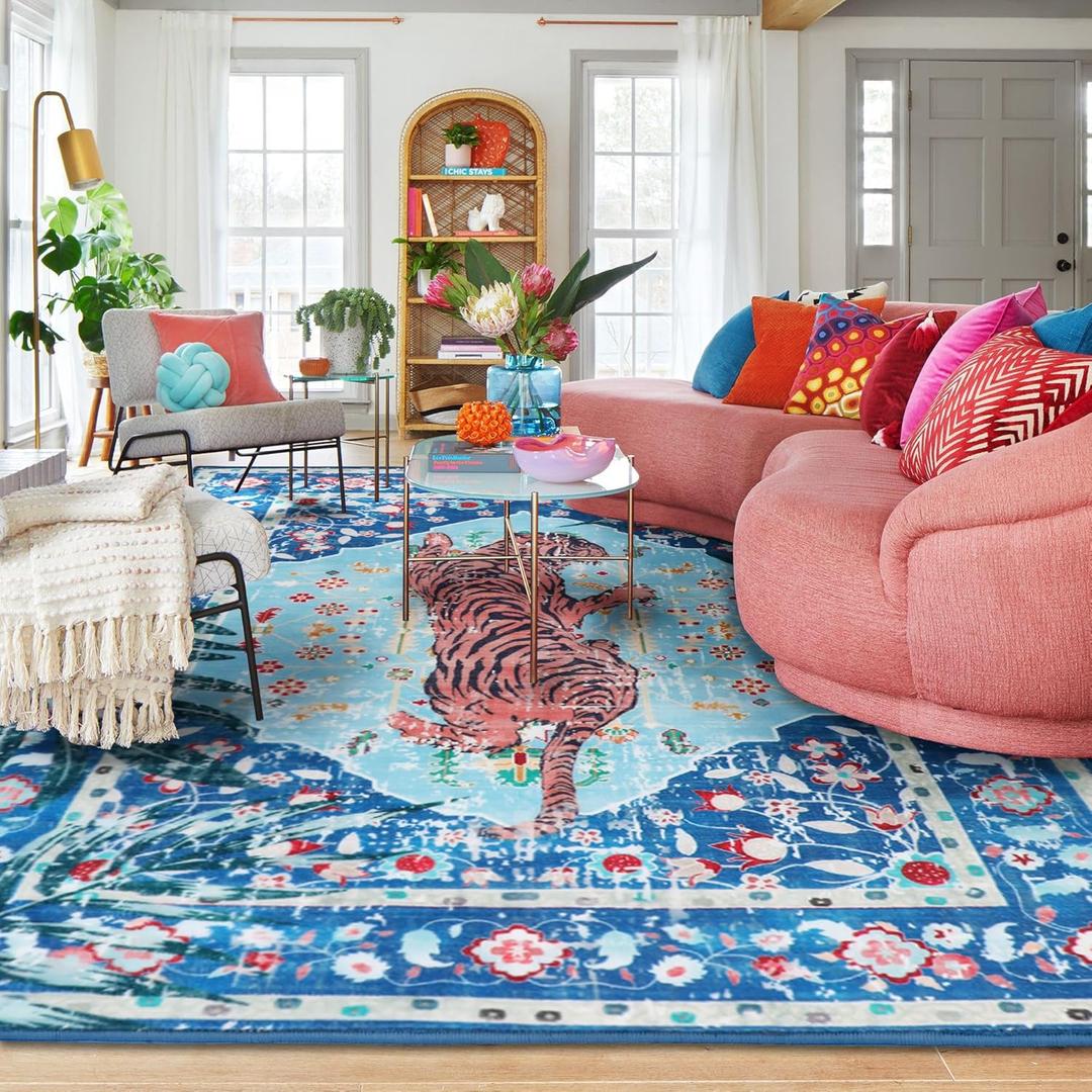 Blue Cheetah Rug 10x8 FT Boho Leopard Vintage Tropical Jungle Animal Rug Aesthetic Rugs for Girls Room Living Room Bedroom Home Office Thin Animal Colorful Funky Carpet