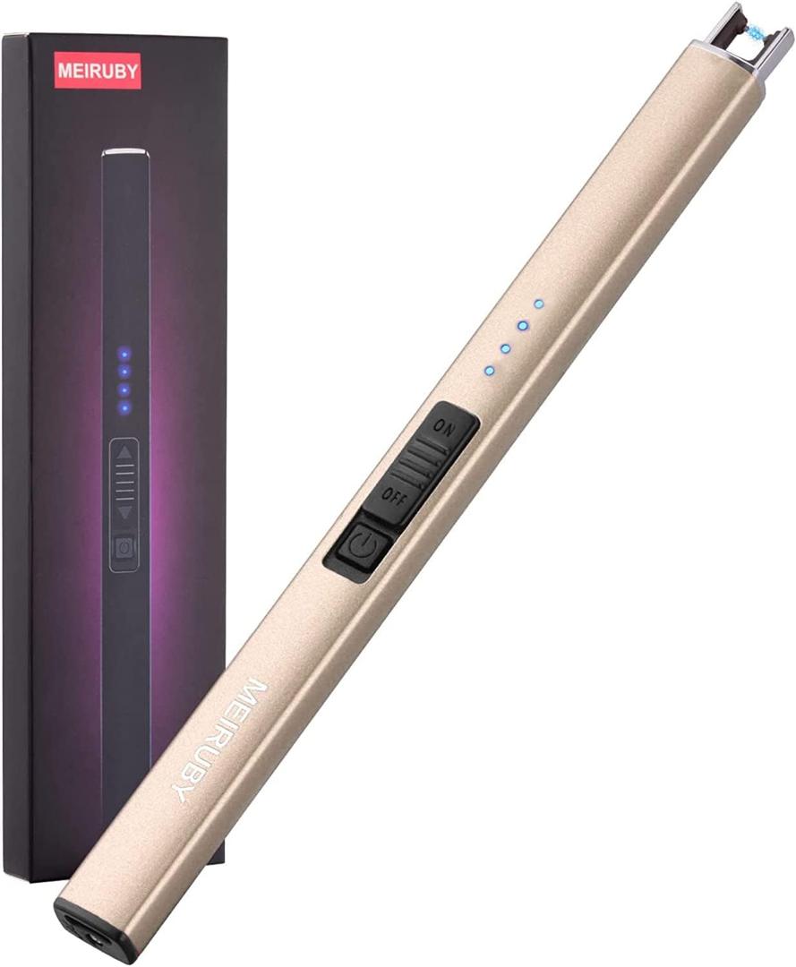 MEIRUBY Electric Candle Lighter, Christmas Stocking Stuffers Gifts for Women Mom Men Wife Sister, USB Arc Rechargeable Windproof Long Lighter for Candle BBQ Housewarming Birthday Gifts Ideas (Champagne Gold)