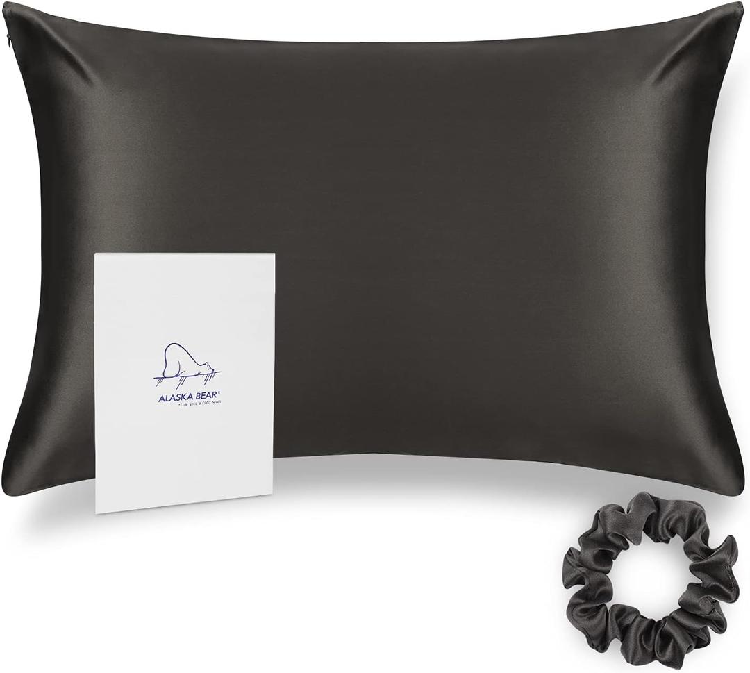ALASKA BEAR Silk Pillowcase for Hair Care Gentle Mulberry Silk Anti Face Skin Wrinkle Pillow Slip Cover Standard Size with Concealed Zipper (1pc, Charcoal) (Standard 20''x26'', Brownish Charcoal)