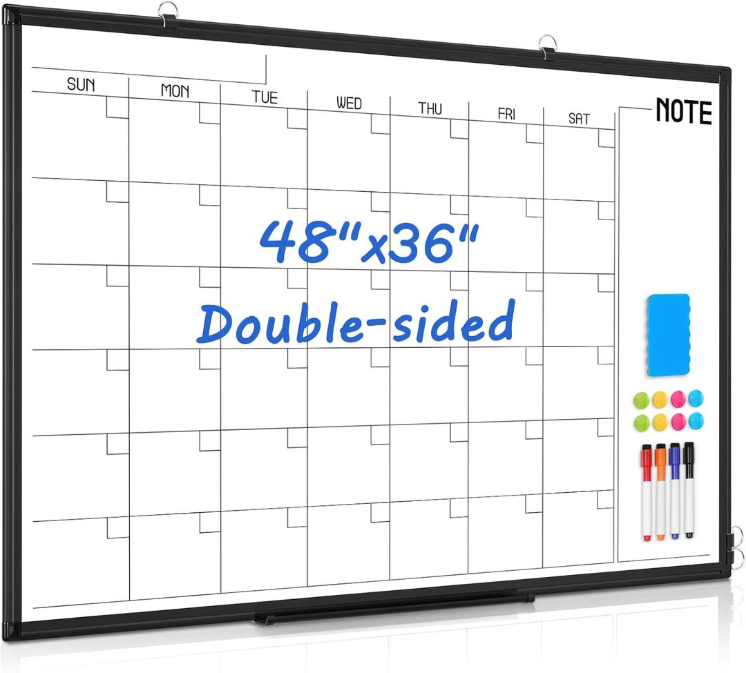 WALGLASS Dry Erase Calendar Whiteboard, 48" x 36" Monthly Large Dry Erase Calendar for Wall, Double-Sided Hanging White Board with Black Aluminum Frame for Home, School, Office, Kitchen