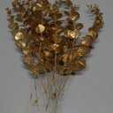 ABAJI Plastic Eucalyptus Golden Stems 12 Fake Faux Decorations Artificial Leaves Greenery Plant Leaf Home Office House Table Desk Decor Wedding Party Vase Forever Live