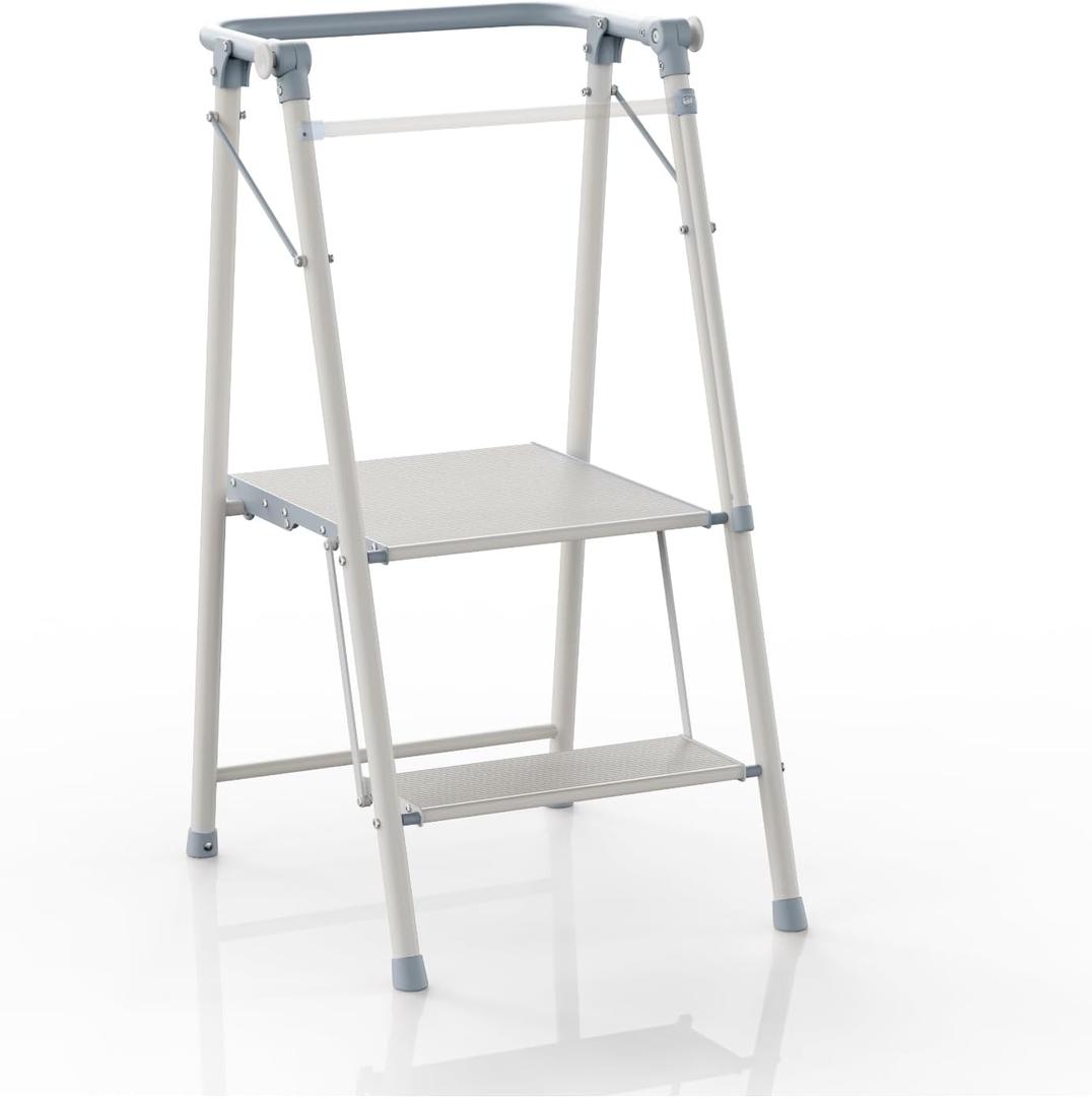 UNICOO Foldable Toddler Tower - 2-Step Ladder for Adult - Foldable Kitchen Tower, Kids Step Stool, Folding Toddler Tower for Kitchen and Bathroom (Cool Gray & Ivory)