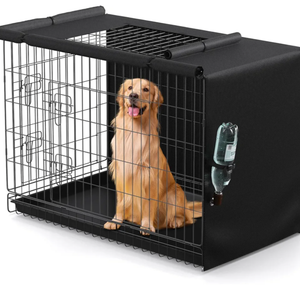 BROSYDA Dog Crate Cover - Privacy Kennel Cover Fits 42 inch Double Door Wire Crate, Heavy Duty 600D Oxford Fabric Dog Cage Cover with Top Window and Drinking Hole Design, Black, (Cover only)