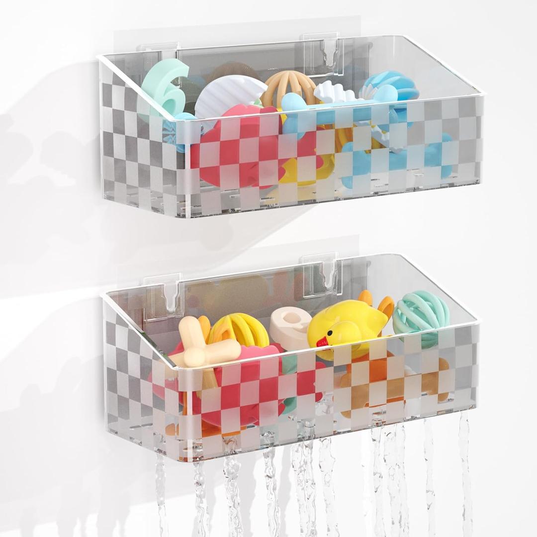 Natheeph Bath Toy Storage Holder, 2 Pack Large Capacity Bath Toy Organizer for Tub Clear Baby Bathtub Toy Storage Multi Use Shower Caddy for Bathroom, Bedroom & More (Grey) (Rectangular)