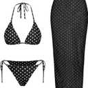 ZAFUL Womens 3pcs Swimsuit Floral Halter Triangle Bikini Top Tie Side Bottom with Long Sheer Cover Up Skirt (Black, M)