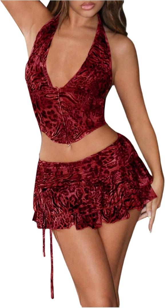 SOLY HUX Women's Y2k Skirt Sets 2 Piece Outfits Leopard Halter Crop Tops and Ruffle Layered Mini Skirt Set (Multi Leopard Print) S