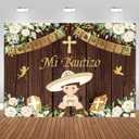 InMemory Newborn Mi Bautizo Backdrop Wood White Flower Gold Boy God Bless First Holy Communion Baptism Party Decorations Banner Photography Background Photo Booth Props 8x6ft