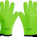 KITCHEN PERFECTION XL Silicone Smoker Oven Gloves-Extreme Heat Resistant BBQ Gloves-Handle Hot Food Right on Your Grill Fryer&Pit|Waterproof Grilling Cooking Baking Mitts|Superior Value Set+3 Bonuses (Green)