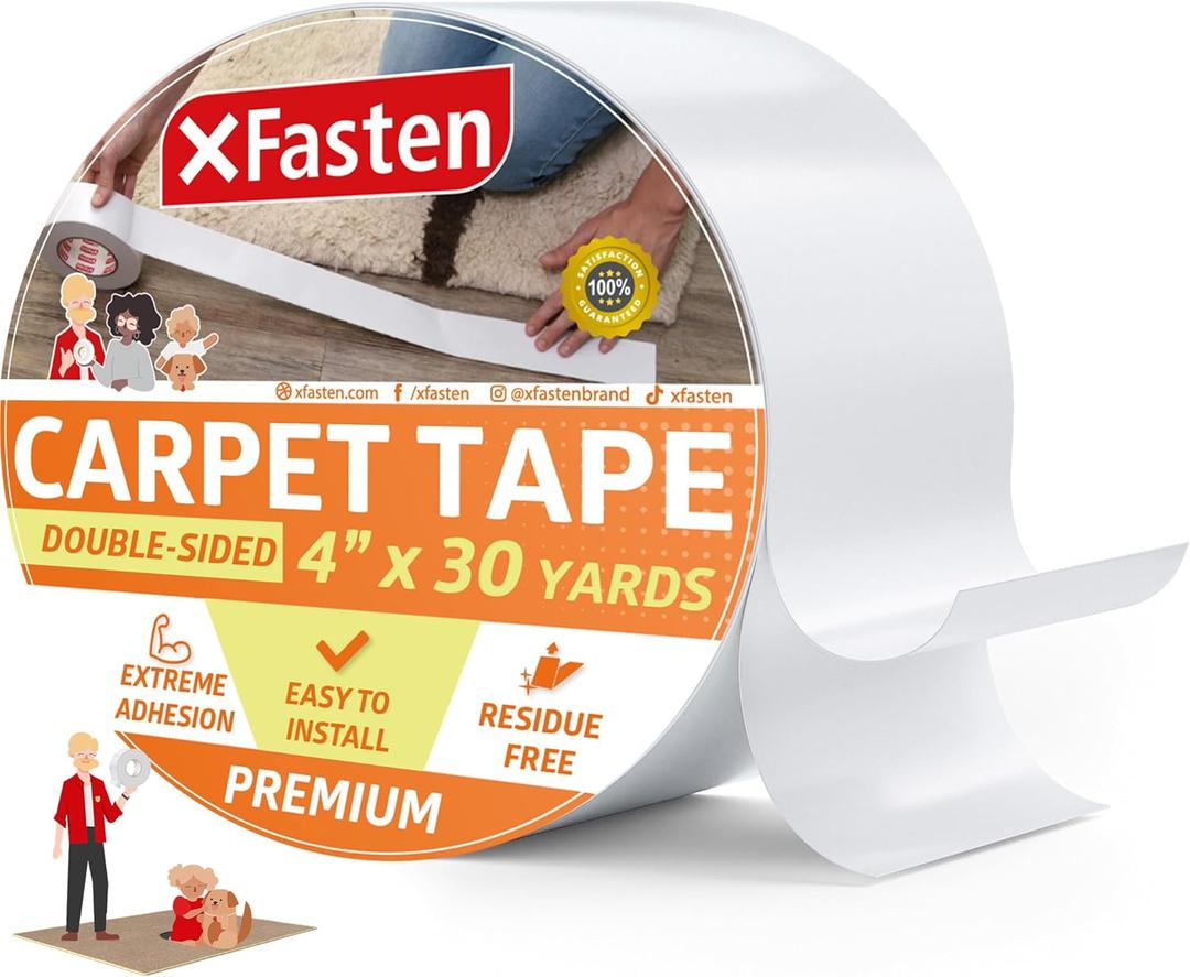 XFasten Double Sided Carpet Tape for Area Rugs 4 Inch x 30 Yards, Residue-Free Carpet Tiles Tape, Removable Heavy-Duty Rug Pad Gripper for Hardwood, Vinyl Flooring Underlayments, Laminate- Wood-Safe