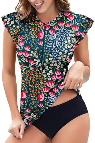 Soneven Women's Swim Shirt UPF 50+ Ruffle Sleeve Rash Guard UV Sun Protection Swimsuit Top Bathing Suit No Bottom Large 