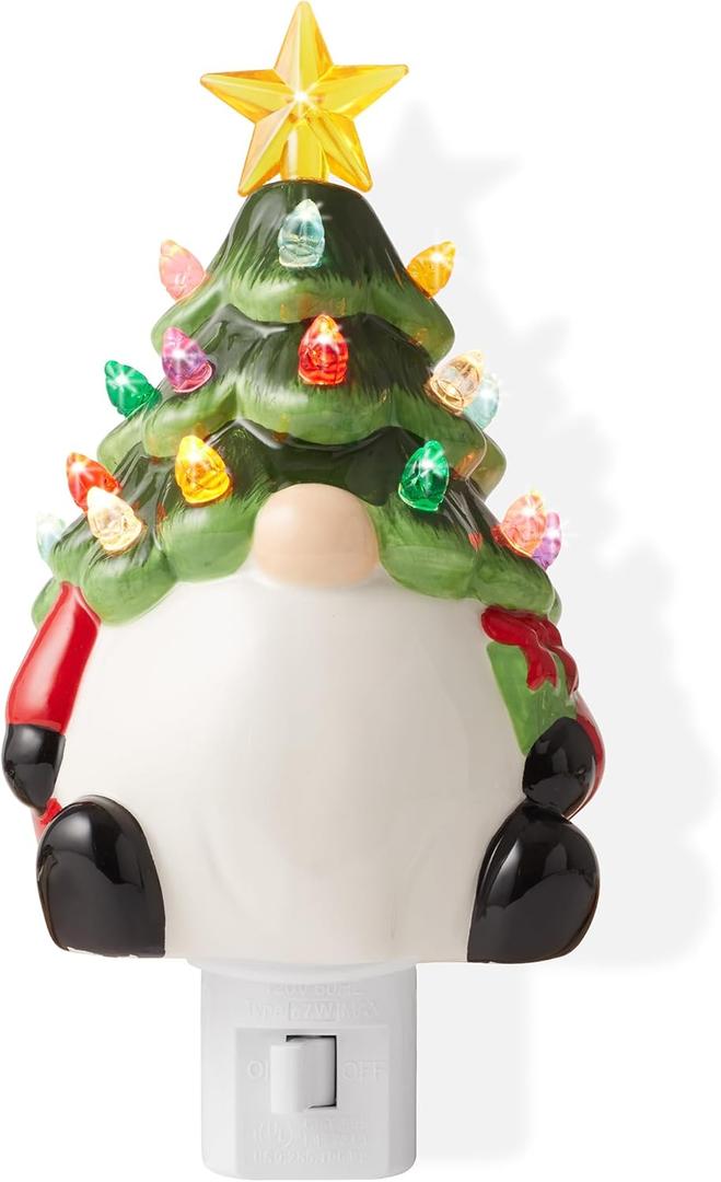 Casafield Ceramic Christmas Gnome Night Light - Green Tree Gnome Plug-in Vintage Christmas Decorative Night Light with 15 Bulbs and Star Topper