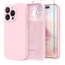 Magnetic for iPhone 14 Pro Case, Compatible with MagSafe, [Full Camera Protection][Screen Protector] Silicone Shockproof Protective Phone Case for iPhone 14 Pro 6.1", Chalk Pink