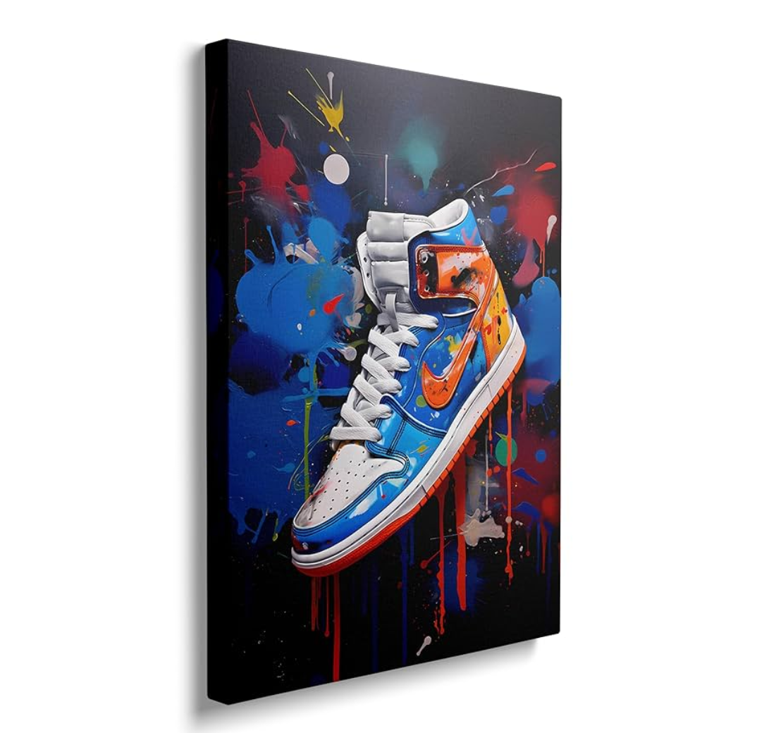 Sendata Framed Trendy Cool Banksy Graffiti Pop Sneaker Shoe Canvas Wall Art Gym Sports Decor Poster For Living Room Bedroom Home Office Artwork Gift Ready To Hang 16"x24"