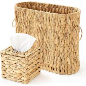 Remerry 2 Pcs Toilet Paper Storage Set, Water Hyacinth Tissue Box Cover and Wiker Toilet Paper Holder Basket for up to 8 Mega Rolls, Natural Bathroom Accessories Organizer, Rustic Boho Decorative