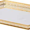 Vintage Gold Mirror Tray, Modern Luxury Perfume Decorative Tray with Hollow Design, Elegant Glass Display Storage Organizer, Rectangle 7.1"x11.4", for Coffee Table, Entryway, Bathroom