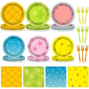 96Pcs Yellow Cartoon Party Plates and Napkins Cartoon Themed Party Decorations Ocean Paper Plate Under the Sea Animal Disposable Tableware Set for Boys Girls Birthday Decorations Baby Shower Serves 24