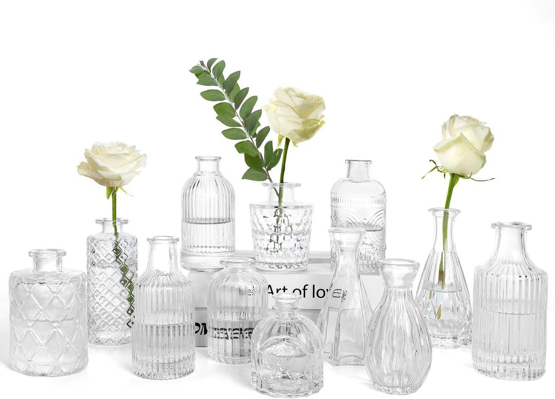 TBWIND Glass Bud Vases Set of 12, Small Vases for Centerpieces, Vintage Mini Vases for Wedding Decor, Clear Glass Bud Vase in Bulk, Office and Home Table Flower Dcor