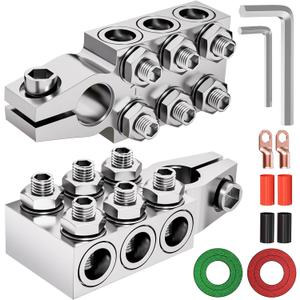 12-Way Lead Acid Battery Terminal Clamps, 8AWG up to 4/0(XL) AWG Gauge, Positive & Negative Connector for SAE/DIN/EN Tapered Top Post