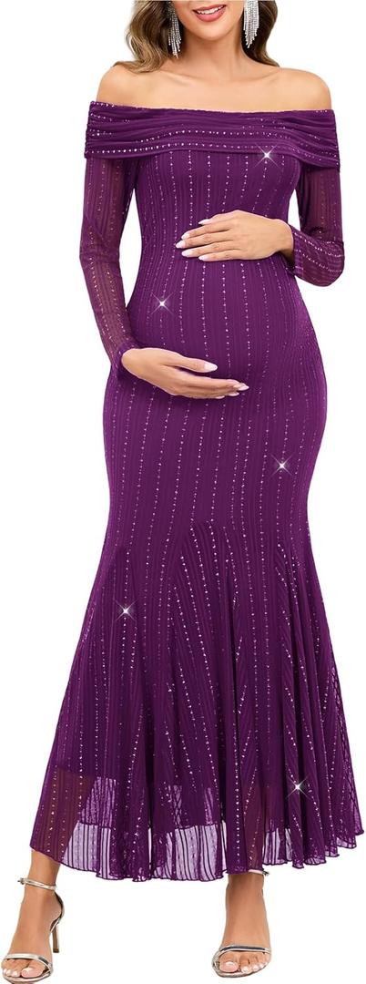 CYCLAMEN Sparkly Maternity Dress for Baby Shower Off The Shoulder Long Sleeve Mermaid Pregnancy Gown with Flowy Tail Hem (X-Large, Rose Purple)