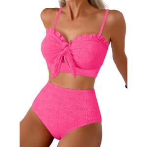 Herseas Women's Seashell Textured Bikini Sets Knotted Front 2 Piece Swimsuits Ruffle Trim Bathing Suits (Hot Pink, XL)