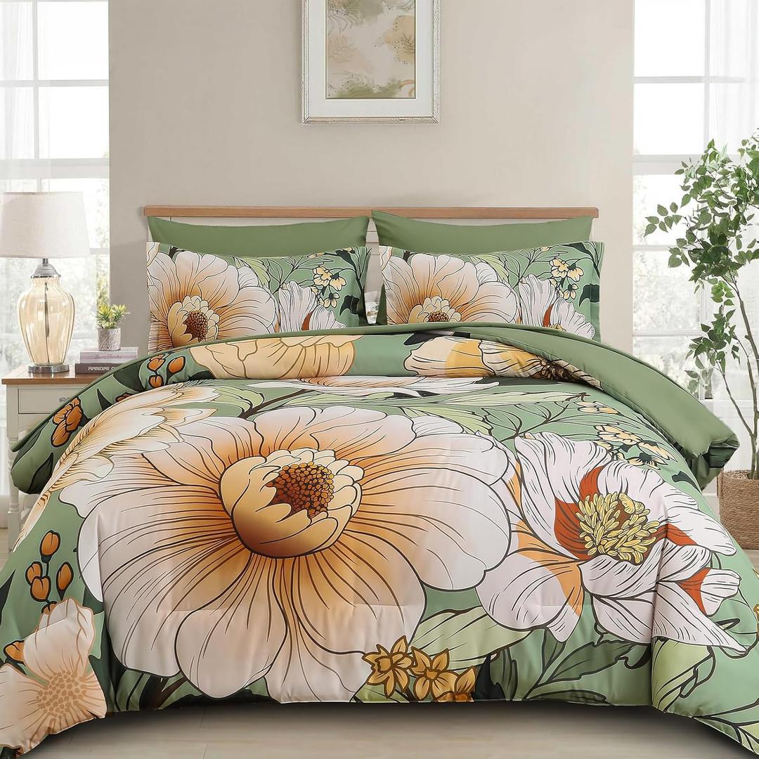 Xruibed King Comforter Set 7 Pieces Green Floral Comforter Set King Size Bed in a Bag Flower Bedding Sets Lightweight Boho Bed Set with Sheet,Pillowcases&Shams for All Season
