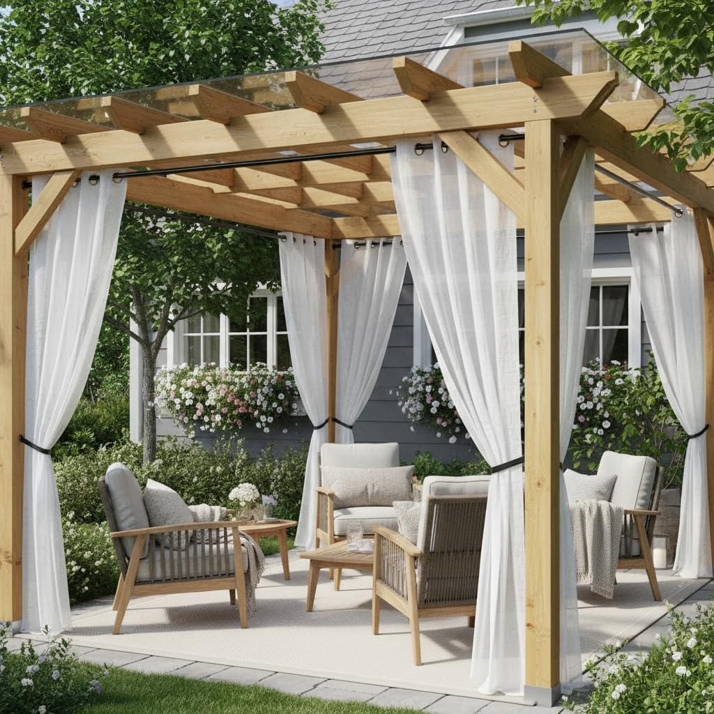 HolidayIdeas White Outdoor Sheer Curtains for Patio Waterproof 4 Panels-Linen Semi Voile Indoor Sheer Curtains, Light Filtering Privacy Drapes for Living Room, Gazebo, Porch, Balcony, Pool 54"x84"