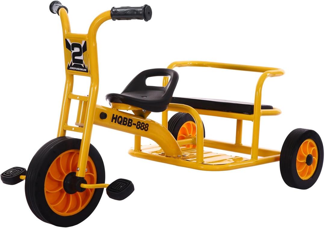 Kids Tricycle for Ages 2-8, Preschool Daycare Kids Tricycle with Adjustable Seat, Airless Rubber Tires, Rear Padded Passenger Seat, Kids Outdoor Playground Equipment (Yellow2)